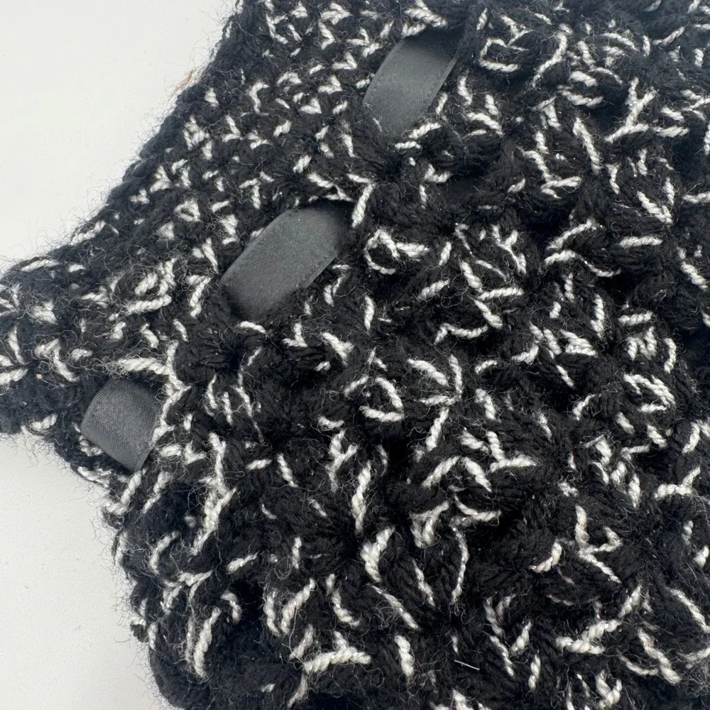 Black & White Crochet Beaded Handle Purse Ribbon‎ Detail Handbag Evening Bag